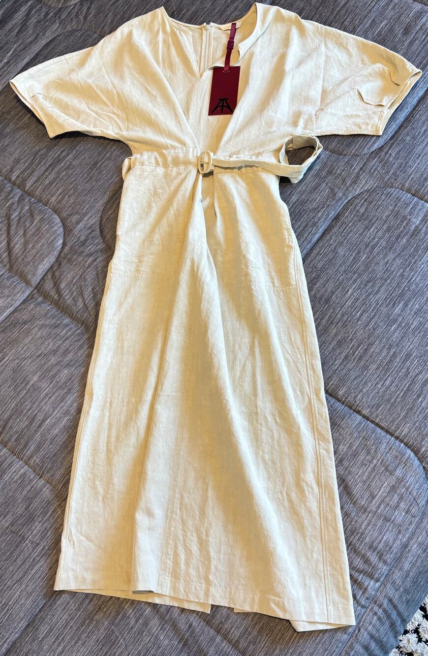 TEASEL by ATORIE Linen Blend Tie Waist Midi Dress Size Small Beige Minimalist